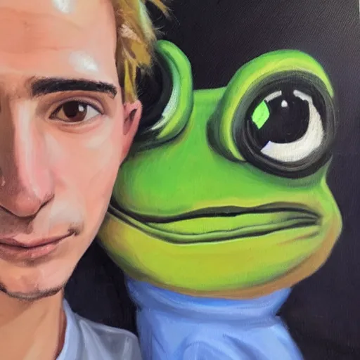 Prompt: Portrait of xQc with pepe the frog , oil painting