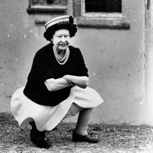 Image similar to Queen Elizabeth II gopnik squatting