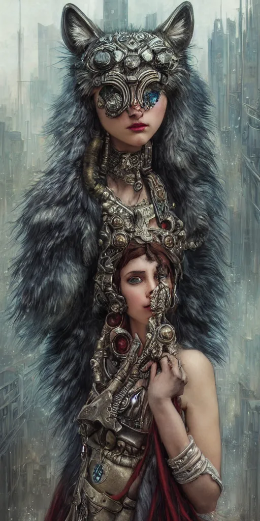 Image similar to hyper realistic Princess Mononoke, ornate mask, wet market street, cyberpunk metropolis, city landscape, jewels, full body pose, wolves, style of tom bagshaw, mucha, james gurney, norman rockwell, denoised, sharp