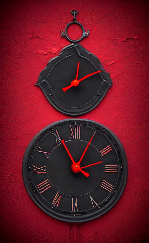 Image similar to a melting Roman numeral clock, behind a red and black gradient background, awith a black heart shaped on the top left corner and a black diamond card shape in the bottom right corner, dynamic lighting, photorealistic fantasy concept art, trending on art station, stunning visuals, cinematic, creative, ultra detailed