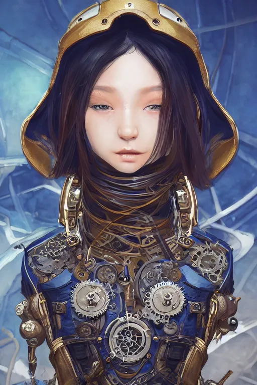 Image similar to a Portrait of a steampunk sci-fi ninja, third person, D&D, sci-fi fantasy, intricate, blue and gold, highly detailed , art by Range Murata, rim lighting, highly detailed, 3d, octane render, bright colors, digital painting, trending on artstation, sharp focus, illustration style of Stanley Artgerm,