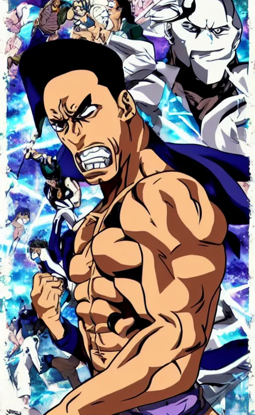 Image similar to Dwayne Johnson in JoJo's bizarre adventure anime style