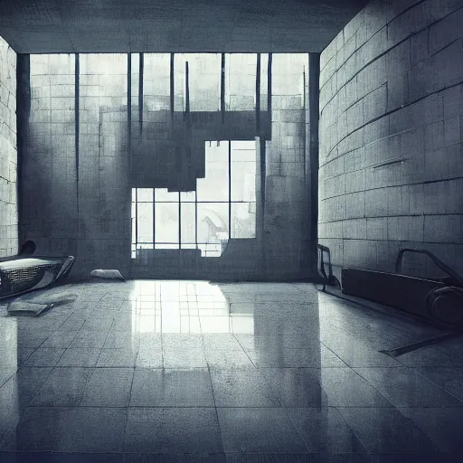 Prompt: brutalist interior with high celing and big windows, dark moody lighting, neo militarism, eco brutalism, highly detailed, excellent composition, cinematic concept art, dramatic lighting, trending on artstation