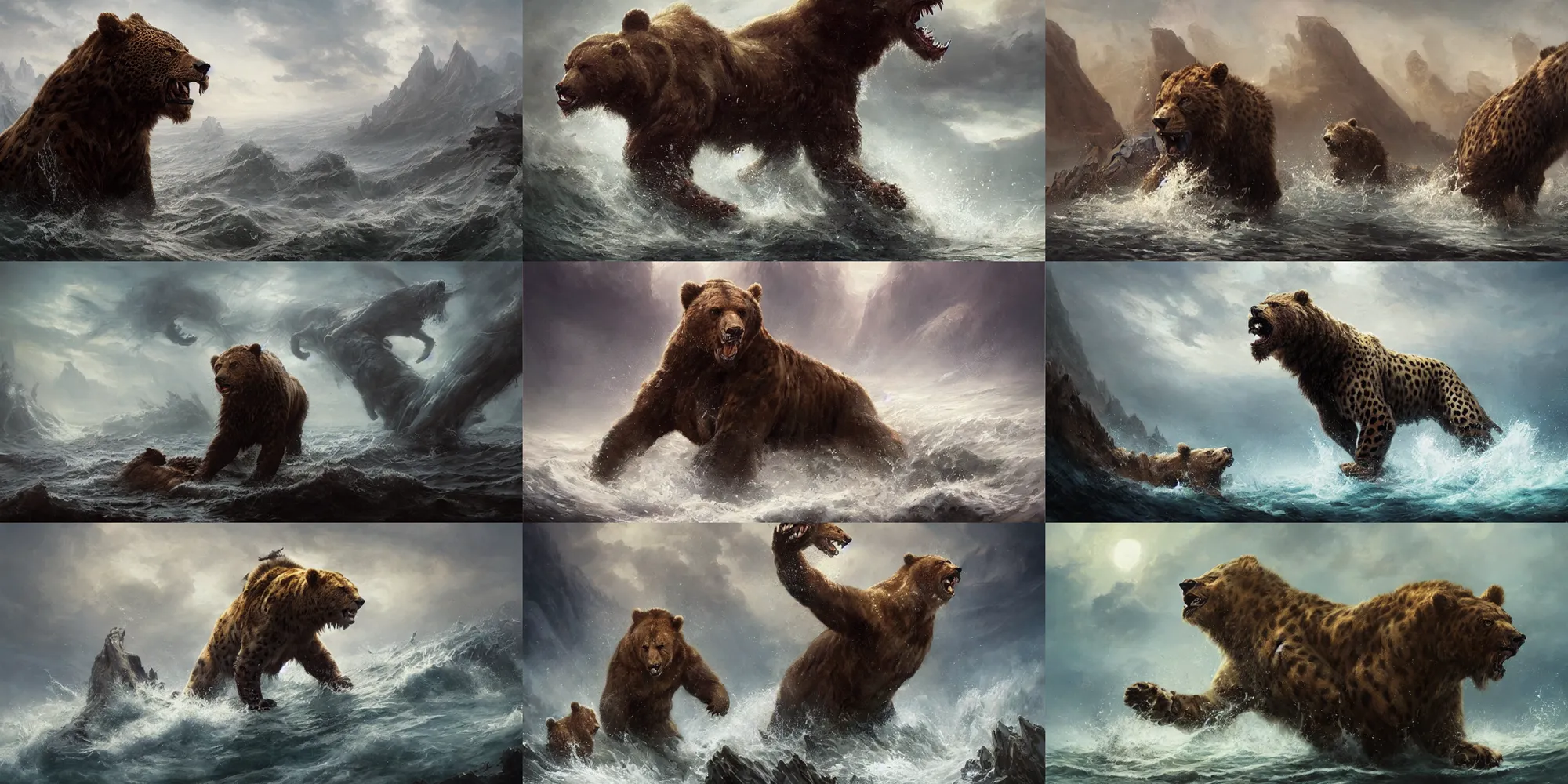 Prompt: A beast rising out of the sea with seven heads and ten horns. Leopard like body, feet like a bear, mouth like a lion, a matte masterpiece by Raymond Swanland and Greg Rutkowski