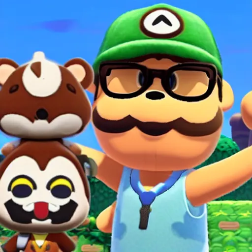 Prompt: A selfie of Rivers Cuomo and Tom Nook from Animal Crossing