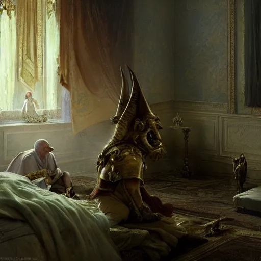 Prompt: the pope is in his bedroom, scared because a horned demon is attacking him. highly detailed painting by gaston bussiere, greg rutkowski, craig mullins 8 k
