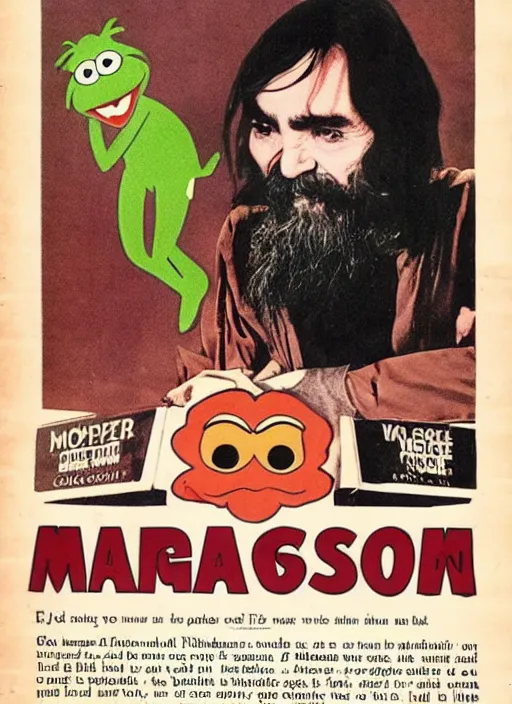 Image similar to vintage magazine advertisement depicting charles manson hosting the muppet show