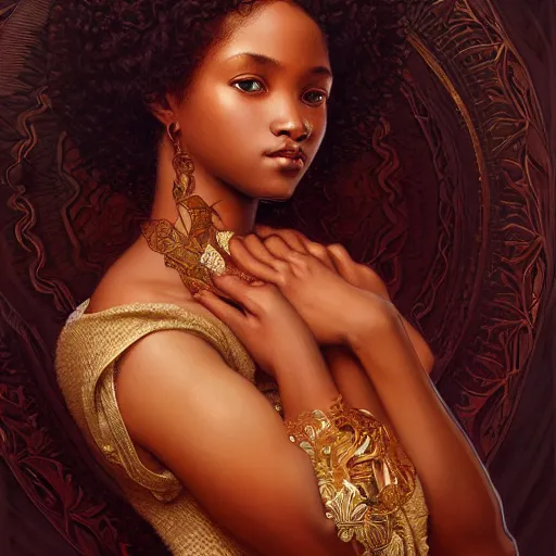 Image similar to portrait of afro goddess, intricate, elegant, highly detailed, digital painting, artstation, concept art, smooth, sharp focus, illustration, art by artgerm and greg rutkowski and alphonse mucha and william - adolphe bouguereau