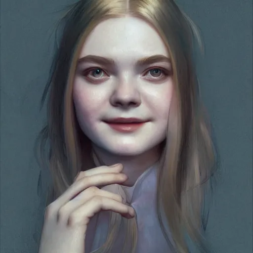 Image similar to portrait of Elle Fanning, looking at camera, D&D, intricate, elegant, stylish, cute smile, mouth slightly open, fantasy, extremely detailed, digital painting, artstation, concept art, smooth, sharp focus, illustration, stunning lighting, art by artgerm and greg rutkowski and alphonse mucha and simon stalenhag.