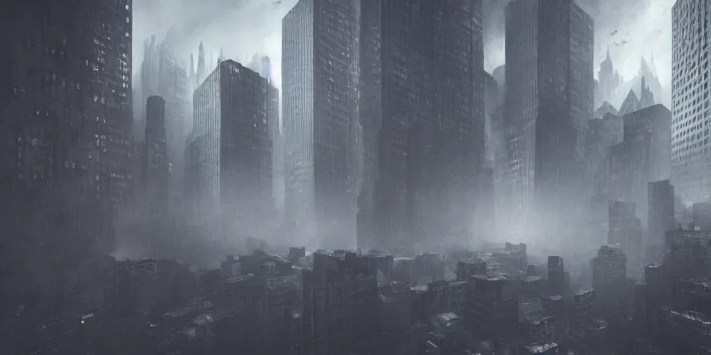 Prompt: brutalist ambient atmospheric demon evil new york city manhattan oil painting landscape, final fantasy, symbolic, volumetric lighting, award - winning, perfection, ambitious, ambient occlusion, vibrant, 4 k hd, grainy,