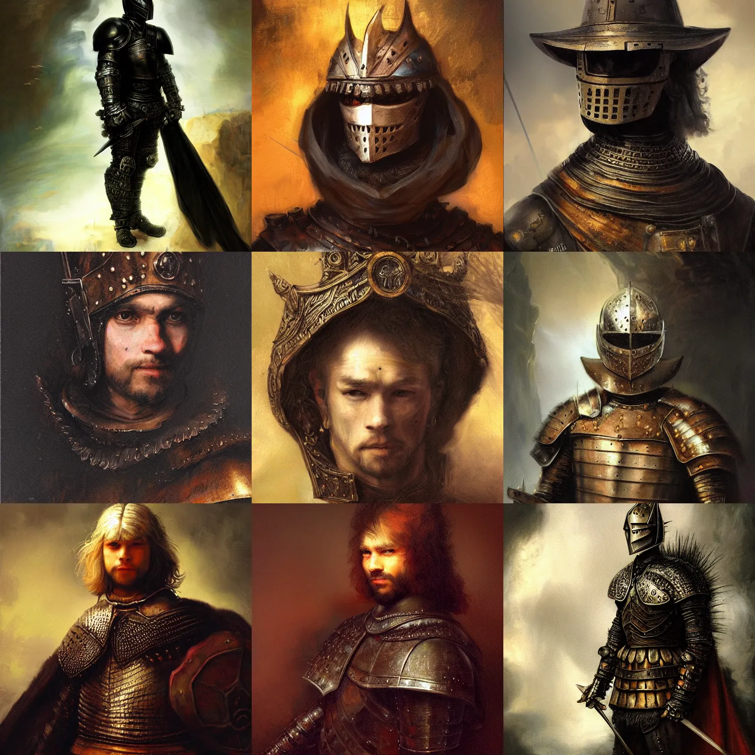 Prompt: detailing character concept portrait painting of black knight , high fantasy, mythic , male, art station, trending, editor’s pickup, delicate detailing by Rembrandt