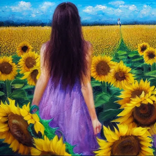 Image similar to a girl slowly walking through amazing tall sunflower field, her hair flowing down, subtle, intricate details, real masterpiece, oil on canvas, by somsak anong