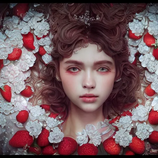 Image similar to the portrait of an absurdly beautiful, graceful, elegant, sophisticated, fashionable young idol made of strawberries and white petals with tears, an ultrafine hyperdetailed illustration by kim jung gi, irakli nadar, intricate linework, bright colors, octopath traveler, final fantasy, unreal engine 5 highly rendered, global illumination, radiant light, detailed and intricate environment