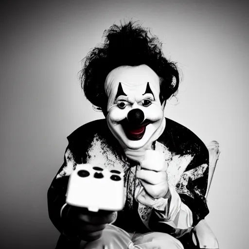 Image similar to an old black & white 5 0 mm close up portrait of a man dressed up as a clown holding a playstation controller while seated in a chair, in a dark foggy alley