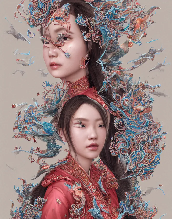 Image similar to 3 d goddess medium shot profile portrait. beautiful intricate highly detailed korean gumiho mask and traditional korean hanbok. stingray, magpie, stingray, magpie, bioluminescent, plasma, lava, ice, water, wind, creature, fog, artwork by tooth wu and wlop and beeple and greg rutkowski, 8 k trending on artstation,