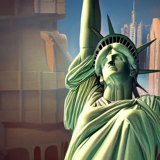 Image similar to the statue of liberty in a disney movie, au naturel, hyper detailed, digital art, trending in artstation, cinematic lighting, studio quality, smooth render, unreal engine 5 rendered, octane rendered, art style by klimt and nixeu and ian sprigger and wlop and krenz cushart.