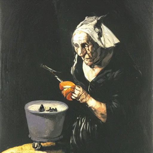 Prompt: An old wrinkled witch dressed in black making potions in her cauldron under the moon light. Oil painting by Francisco de Goya.