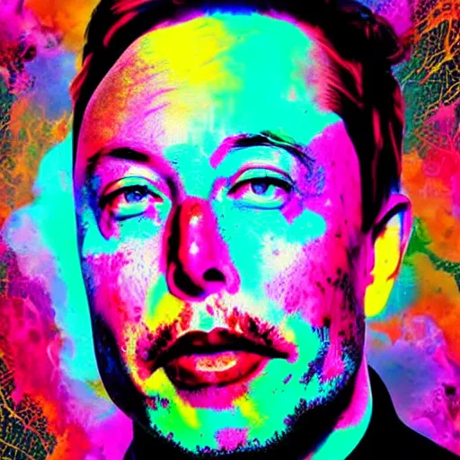 Image similar to a portrait of elon musk crying with a psychedelic background