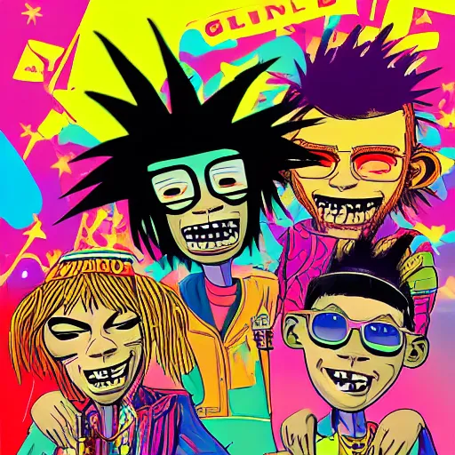 Image similar to album cover for the band gorillaz, by lisa frank, hypersaturated, various colors, ultra detailed, 8 k