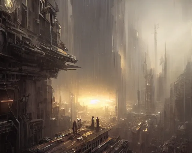 Image similar to great city at the end of time, a sci-fi digital painting by Greg Rutkowski and James Gurney, trending on Artstation, eerily beautiful, highly detailed