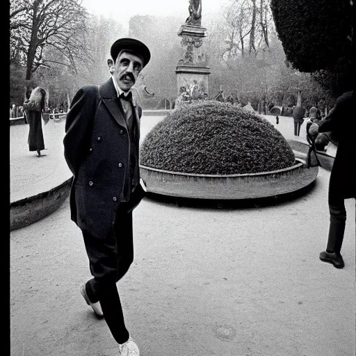 Image similar to 35mm photograph of Marcel Proust exiting a time machine in the middle of Luxembourg Gardens, Paris, 1973, in front of a stunned crowd