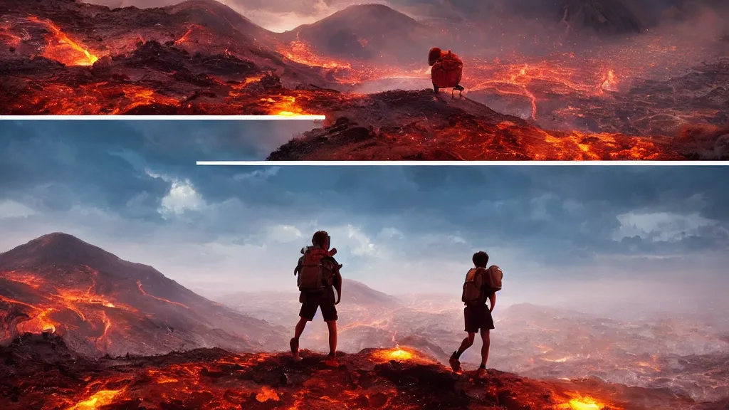Image similar to a boy with a backpack!!!, beautiful volcanic landscape, dramatic lighting, cinematic, establishing shot, extremly high detail, photorealistic, cinematic lighting, post processed, concept art, artstation, matte painting, style by greg rutkowsky