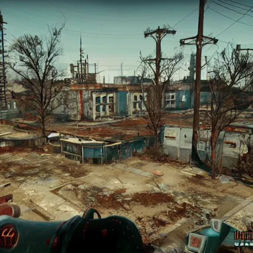 Image similar to nuka cola bottling plant, atlanta in ruins post - nuclear war in fallout 4, in game screenshot