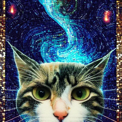 Image similar to mosaic portrait of a beautiful cute cat falling into the stars by Ross Tran, 4k, intricate details