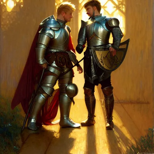 Image similar to attractive arthur pendragon and his attractive male knight, they are in love, natural lighting, path traced, highly detailed, high quality, digital painting, by gaston bussiere, craig mullins, alphonse mucha j. c. leyendecker