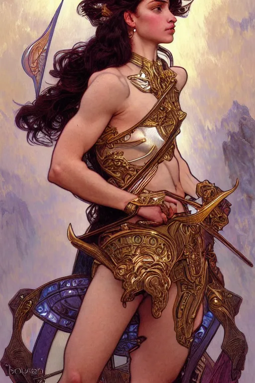 Image similar to painted portrait of artemis wearing armor, greek god, feminine, powerful, beautiful, upper body, muscular, fantasy, intricate, elegant, highly detailed, digital painting, artstation, concept art, smooth, sharp focus, illustration, art by gaston bussiere and alphonse mucha