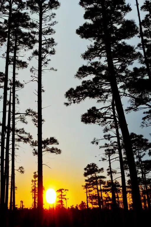 Image similar to white robot stands at the edge of a pine forest at sunset. Sunset layered cloud sky. Sunset colour. Swirls layers clouds. Geoff darrow and Anna dittmann. Pine forest trees at sunset.