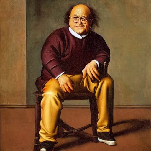 Image similar to renaissance painting of danny devito sitting on a stool, historical, artwork, oil painting, fresco painting, tempera painting