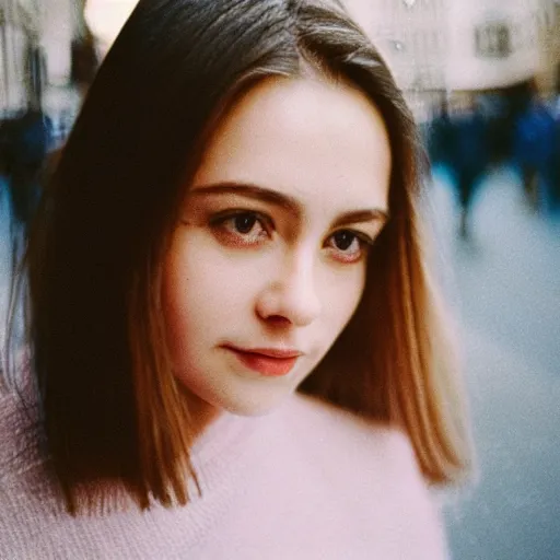 Prompt: analog close up frontal face portrait photography of a beautiful woman in london. 8 5 mm lens. kodak portra 8 0 0 film photography. pastel lighting soft colors. popular on instagram. depth of field. heavy film grain. filmic. dreamy. lens flare