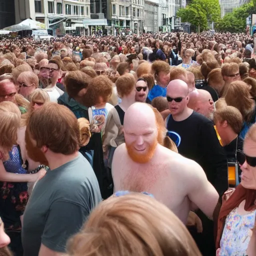 Image similar to a 3 0 foot tall, ginger, balding man walking among the crowd