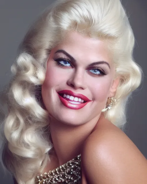 Image similar to Beautiful Head and shoulders portrait of smiling flirty Anna Nicole smith with platinum blonde hair, wearing a camisole by alberto Vargas, arney freytag, artstation, 35mm, fashion photoshoot, posing on the couch in a photo studio, golden hour, bokeh, rim lighting, fashion pose, octane, 4k