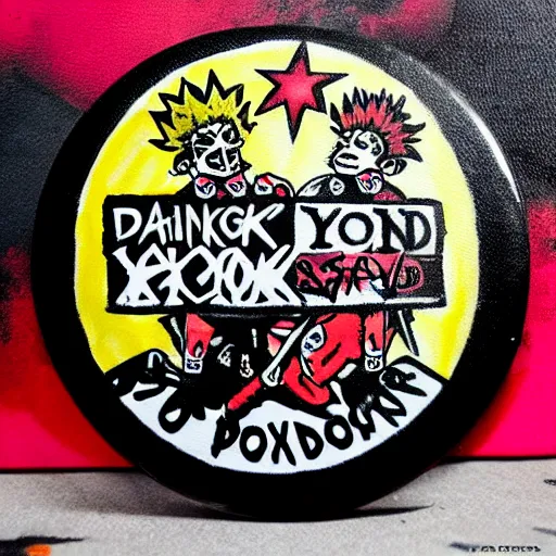 Image similar to painting on a badge, punks not dead!, exploited!!, clash, junk yard, rats!!, god save the queen, punk rock album cover art style, grunge, no future