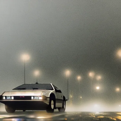 Image similar to hyperdetailed, photorealistic photograph of a dmc 1 2 delorean driving in the streets, rain, night, dense fog, hd, unreal engine 5