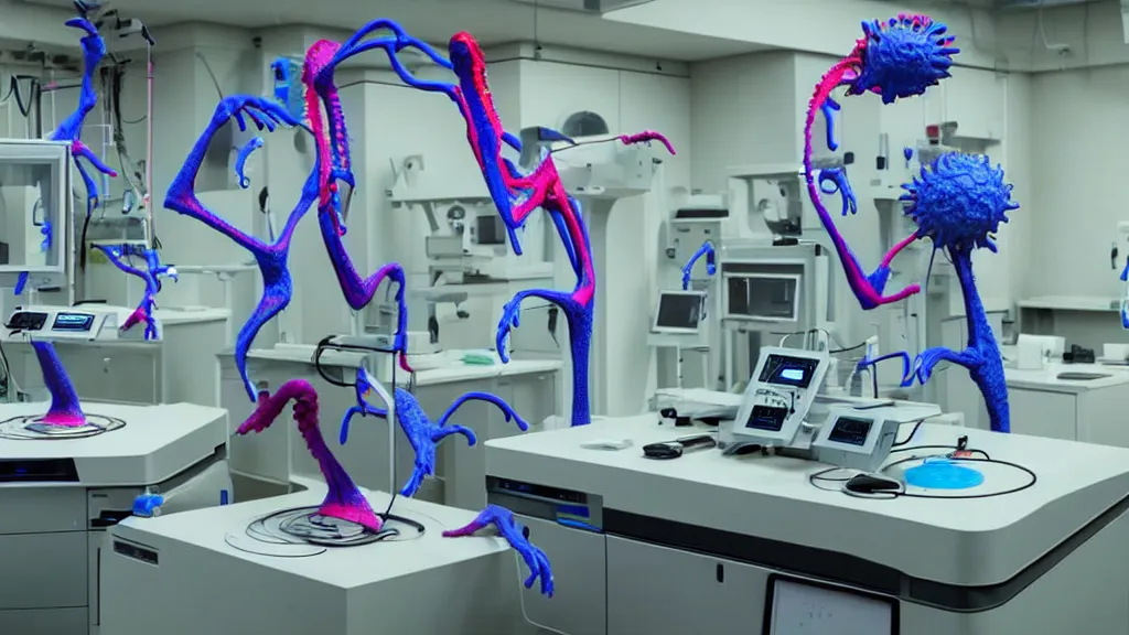 Image similar to a complex bifurcated surgical arm hybrid mri 3 d printer machine making colorful mutant forms with control panels in the laboratory inspection room, film still from the movie directed by denis villeneuve with art direction by salvador dali, wide lens