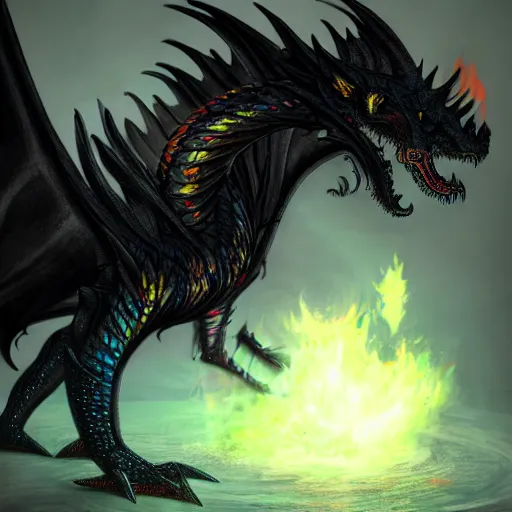 Image similar to The black dragon Alduin breathing a rainbow-colored fire. 4k. Concept art. High detail. Unreal engine. Style of Lovecraft.