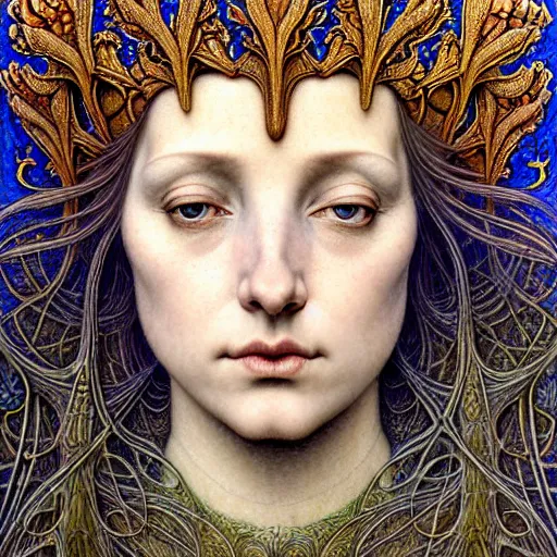 Prompt: detailed realistic beautiful young medieval queen face portrait by jean delville, gustave dore, iris van herpen and marco mazzoni, art forms of nature by ernst haeckel, art nouveau, symbolist, visionary, gothic, neo - gothic, pre - raphaelite, fractal lace, intricate alien botanicals, ai biodiversity, surreality, hyperdetailed ultrasharp octane render