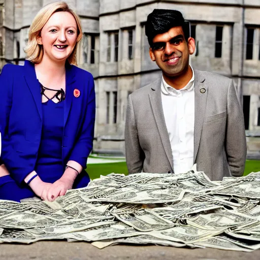 Image similar to Liz truss and Rishi sunak at parliament burning piles of money. Daily Telegraph.