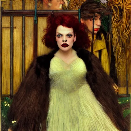 Image similar to portrait of a hybrid of judy garland and lady gaga, marfan syndrome, full lips, downward slanting eyes, with a brown fringe, holman hunt, john william waterhouse, kilian eng, rosetti, john everett millais, william holman hunt, 4 k