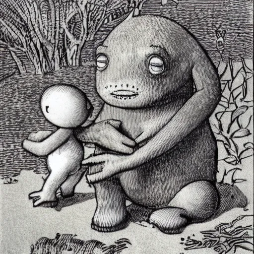 Image similar to life taking its first steps onto land. new life evolutionary ancestor. Ancient creature. Illustrated by Maurice Sendak