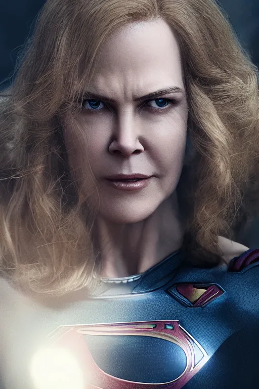 Image similar to a fancy close up of Man of Steel cast as Nicole Kidman by Greg Rutkowski, Sung Choi, Mitchell Mohrhauser, Maciej Kuciara, Johnson Ting, Maxim Verehin, Peter Konig, 8k photorealistic, cinematic lighting, HD, high details, dramatic, trending on artstation, full body armour