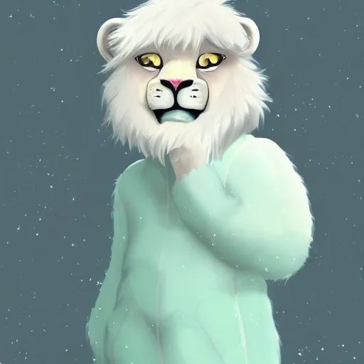 Image similar to aesthetic portrait commission of an albino male furry anthro lion wearing a cute mint colored, cozy, soft pastel winter outfit. winter atmosphere character design by dan volbert.