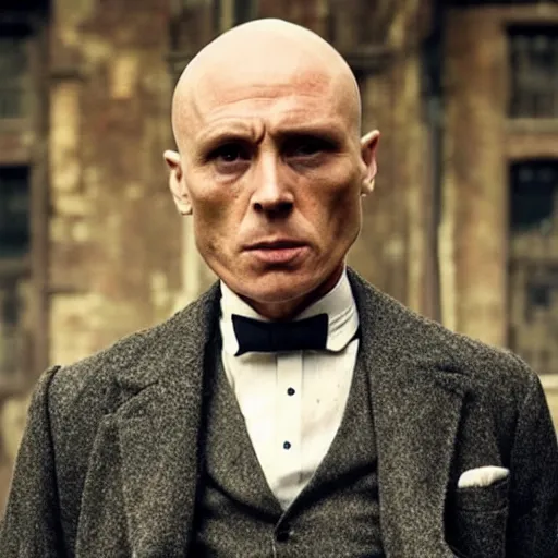 Prompt: A still from Peaky Blinders depicting Tommy Shelby bald