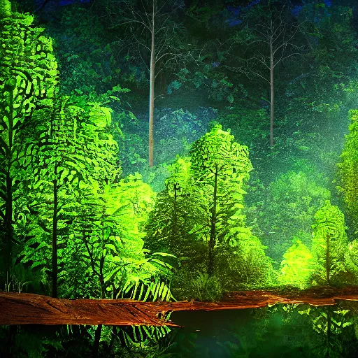 Image similar to professional photograph of a forest of trees. little specs of fireflies and a river in between leading to a water fall, photo realism, perfect lighting