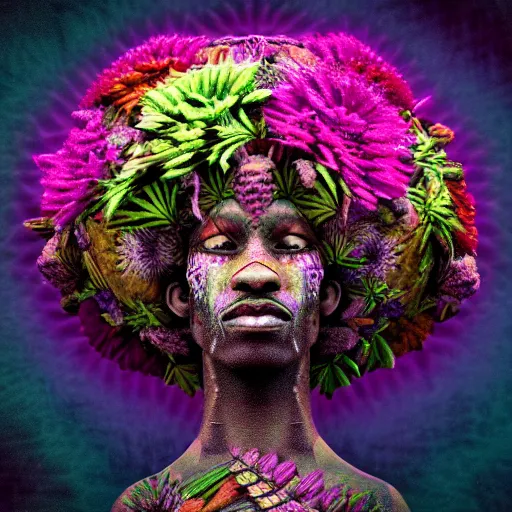 Image similar to an african marijuanna shaman with an afro made of flowers, third eye art art by machina infinitum, complexity from simplicity, rendered in octane, mandelbulb 3 d, ambient occlusion, macro photography, felt!!! texture, tribal, neon! retrowave