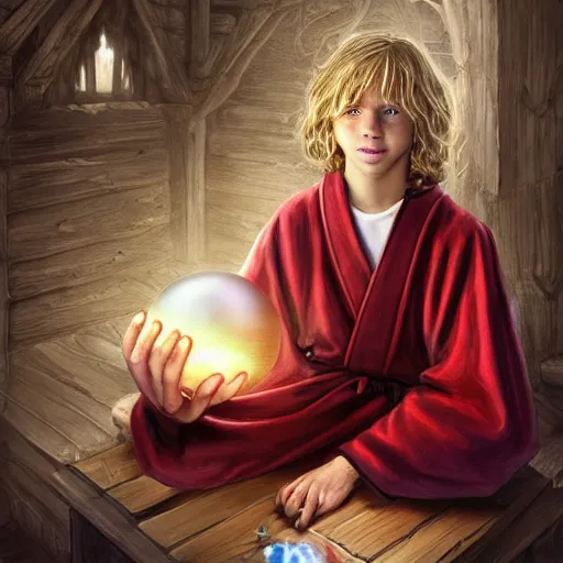 Prompt: Portrait of a 12 year old white boy with blond medium length hair, sitting cross-legged, wearing red sorcerer's robes, holding a crystal ball in his hands and gazing into it, inside of a cabin, Dungeon's & Dragons, digital illustration, deviantart, matte fantasy painting, by Jason Felix by Steve Argyle by Tyler Jacobson by Peter Mohrbacher