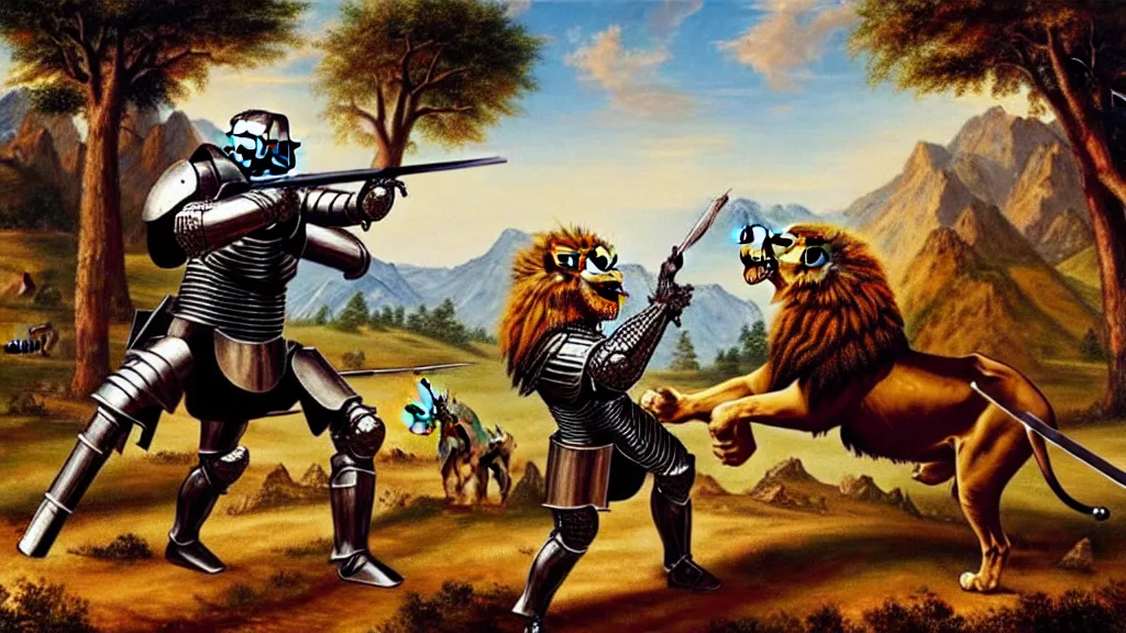 Image similar to fully armored knight wielding an automatic weapon fighting a lion in a medieval setting, painted by bob ross